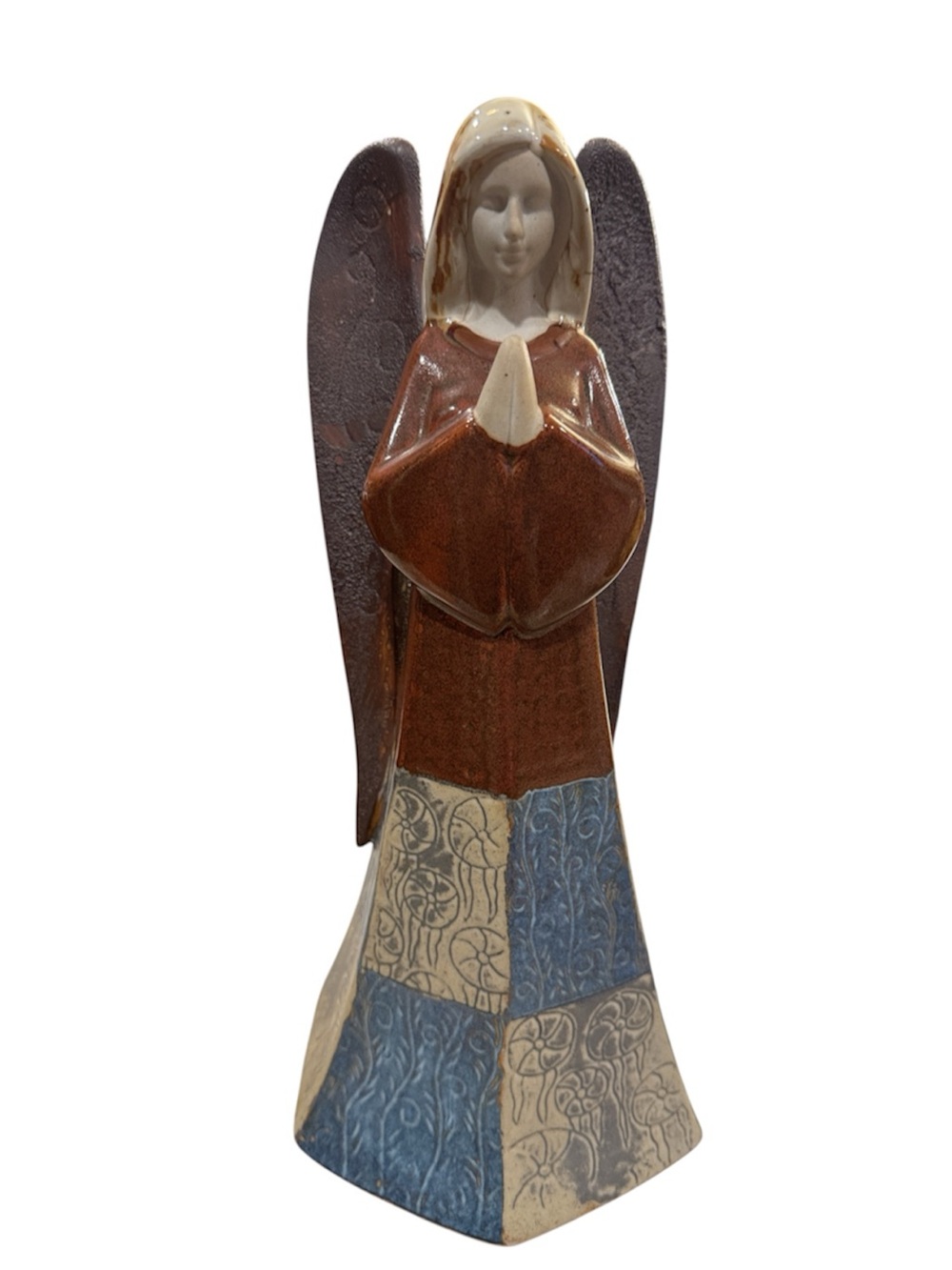Vintage 14” tall Ceramic Praying Angel Statue - Brown, Blue & Cream